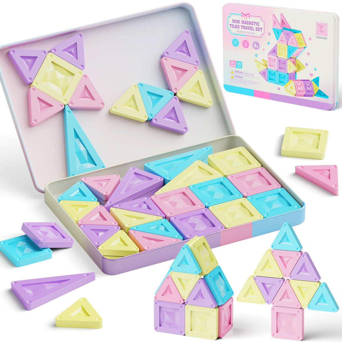 burgkidz mini magnetic tiles in a pink tin box for portable travel play