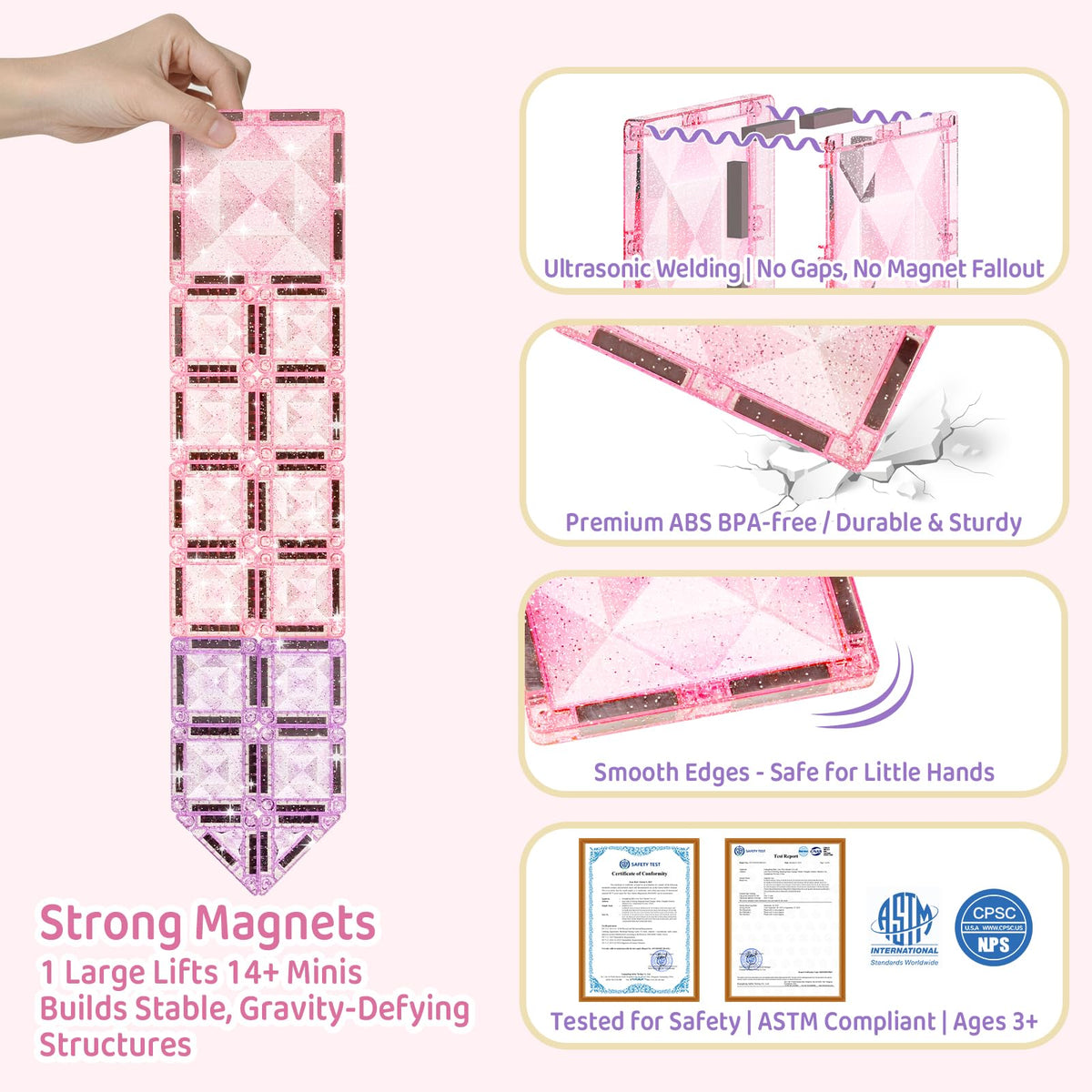 Burgkidz pink-purple glitter tiles evoke gem-like visuals for imaginative builds