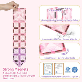 Burgkidz pink-purple glitter tiles evoke gem-like visuals for imaginative builds