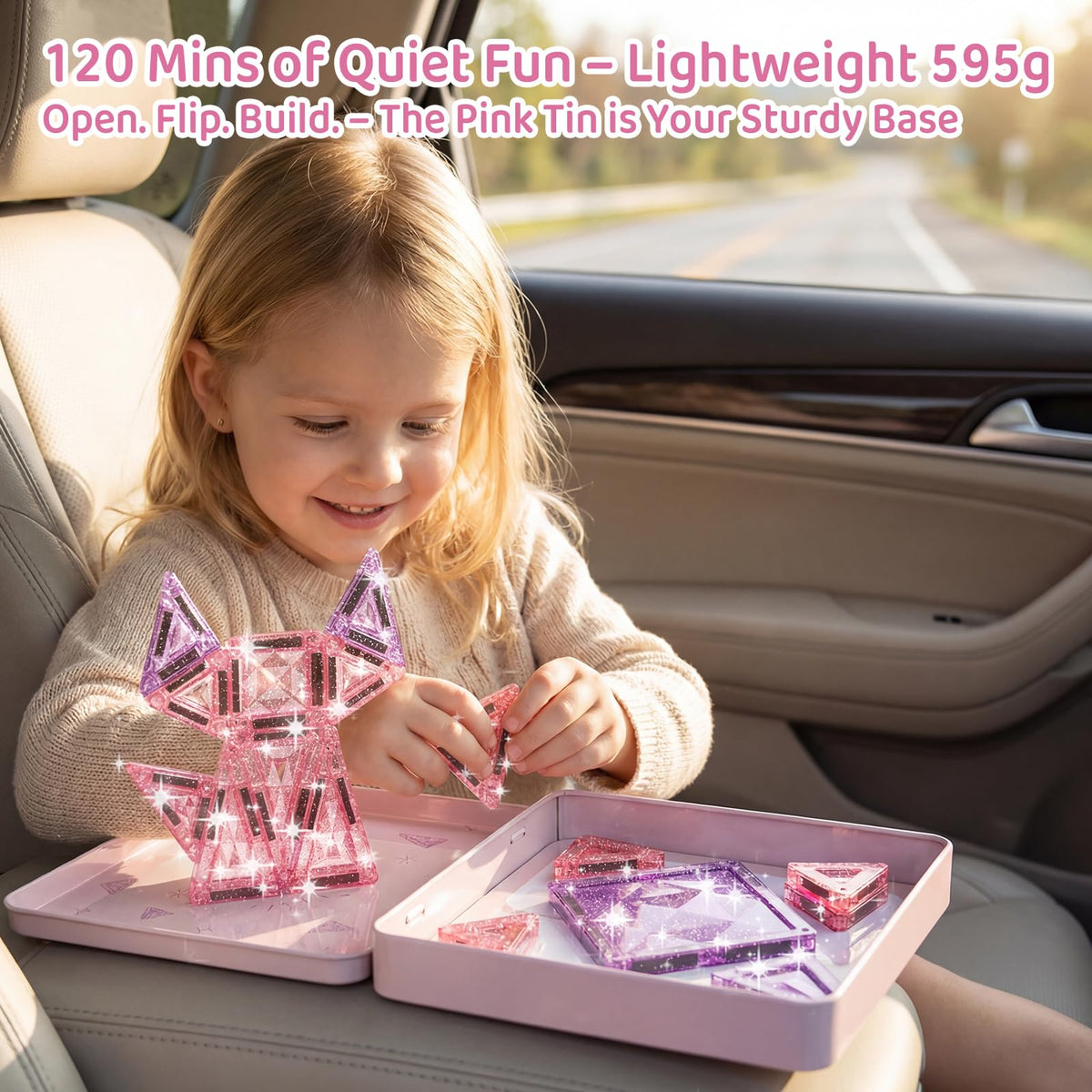 Burgkidz travel-friendly tiles tin enables quiet screen-free play on trips
