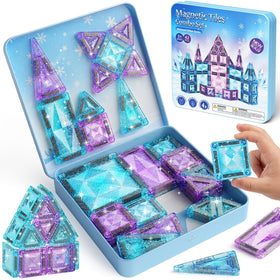 burgkidz travel tiles in ice blue glitter with open case surface for on-the-go play.