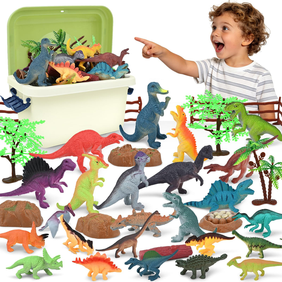 BURIESUR 34-piece dinosaur toy set with storage box for easy cleanup.