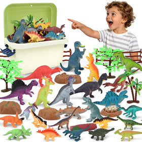 BURIESUR 34-piece dinosaur toy set with storage box for easy cleanup.