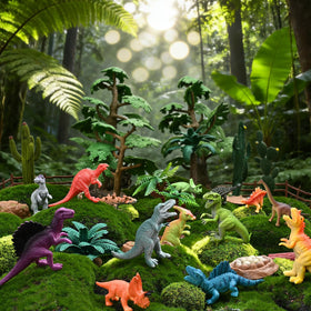 BURIESUR open storage box with dinos and forest decorations for quick setup.