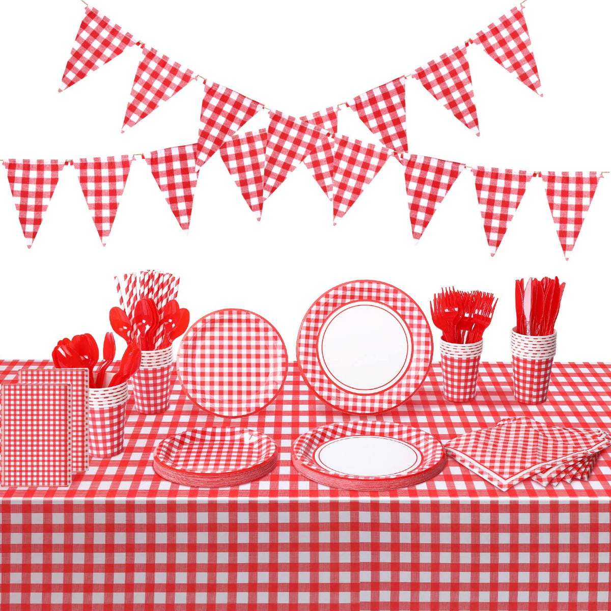 Buryeah red and white gingham tablecloth for party tables and easy cleanup