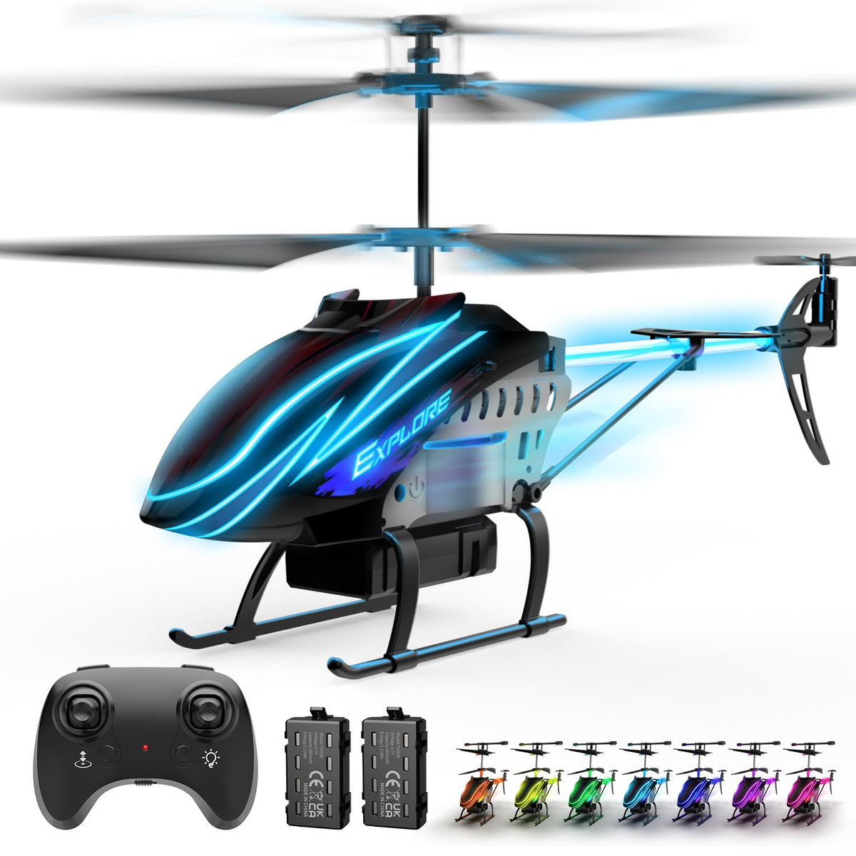 BUSSGO RC helicopter red in flight for indoor play and durability.