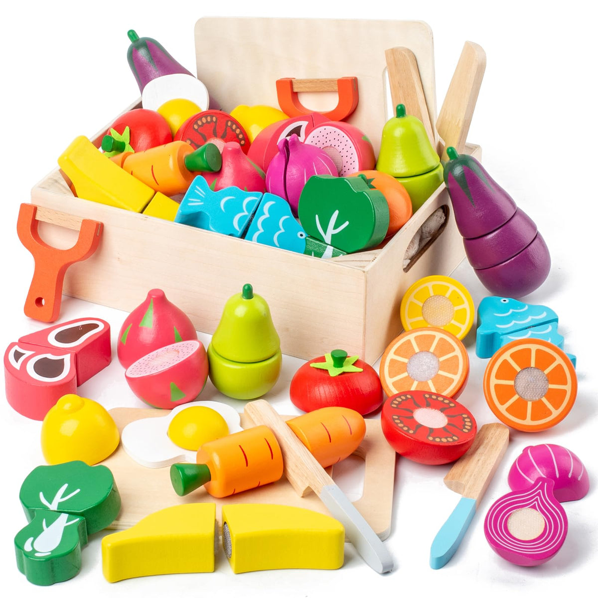 Busy edition 32-piece wooden play food set with realistic colors for engaging pretend play