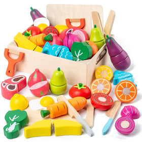 Busy edition 32-piece wooden play food set with realistic colors for engaging pretend play