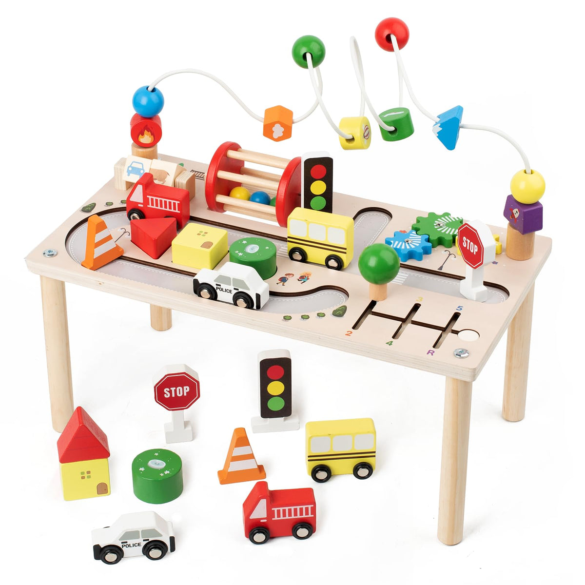 Busy edition activity table bead maze enhances hand-eye coordination with tactile beads.