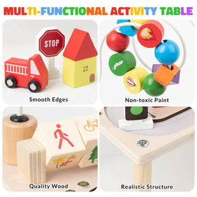 Busy edition table rattle adds auditory feedback for exploration and cause-and-effect play.