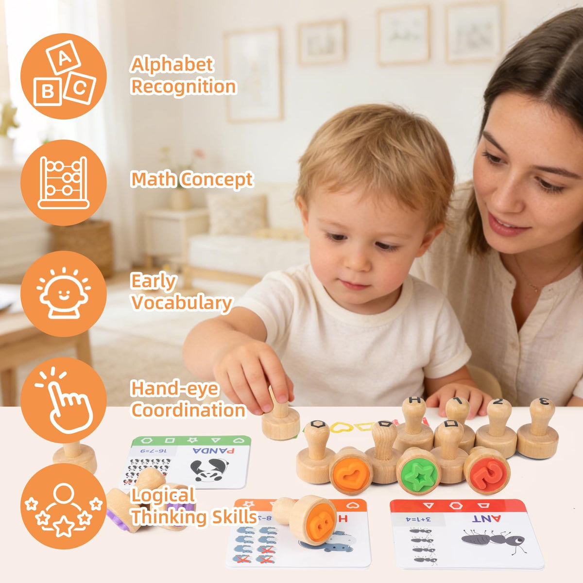 Busy Edition number stamps wooden set supports early numeracy through play.