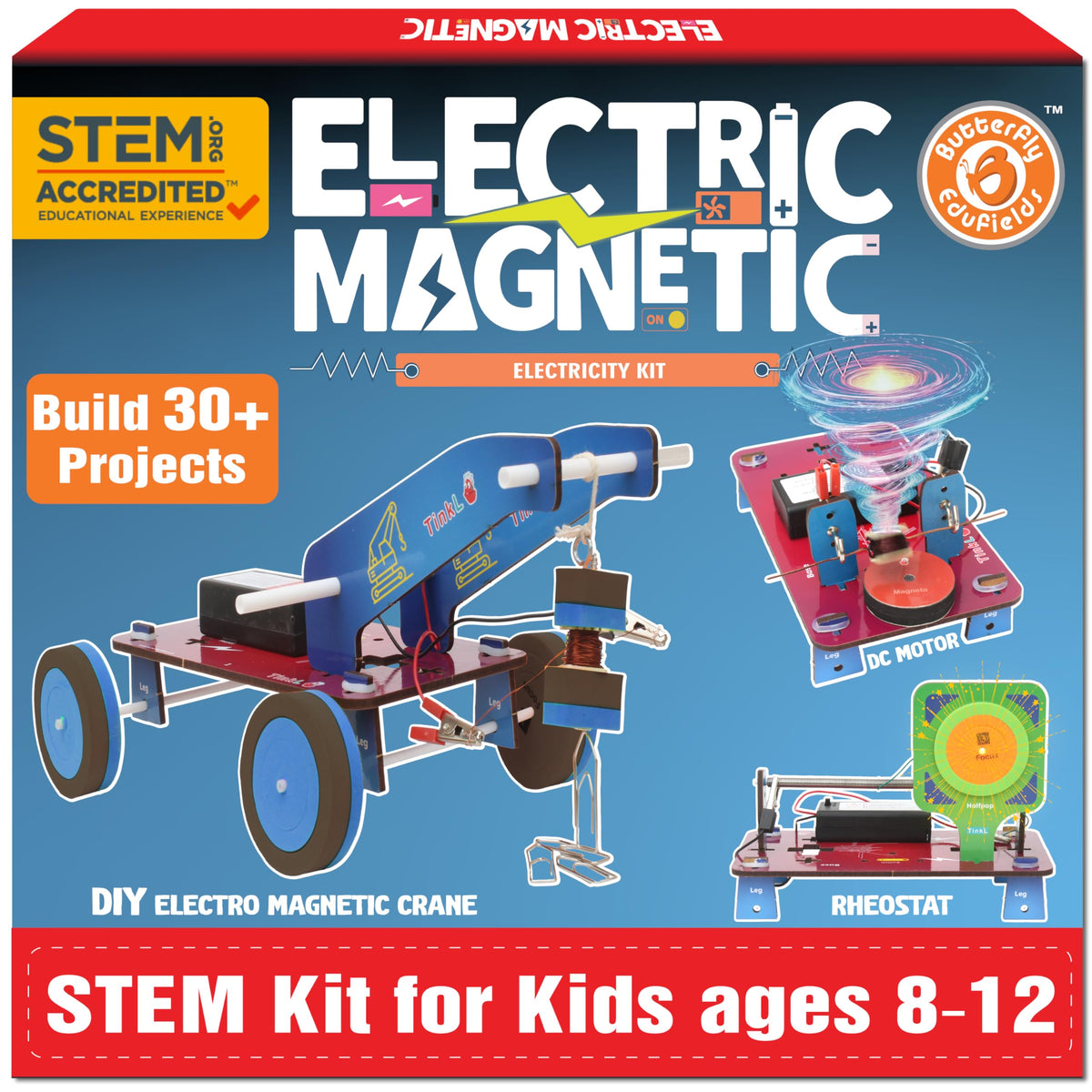 Butterfly EduFields 30in1 kit assembly demonstrates electricity and magnetism concepts for hands-on learning.