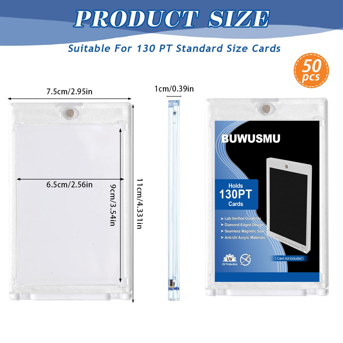BUWUSMU clear protectors show outer and inner dimensions for precise card fit.