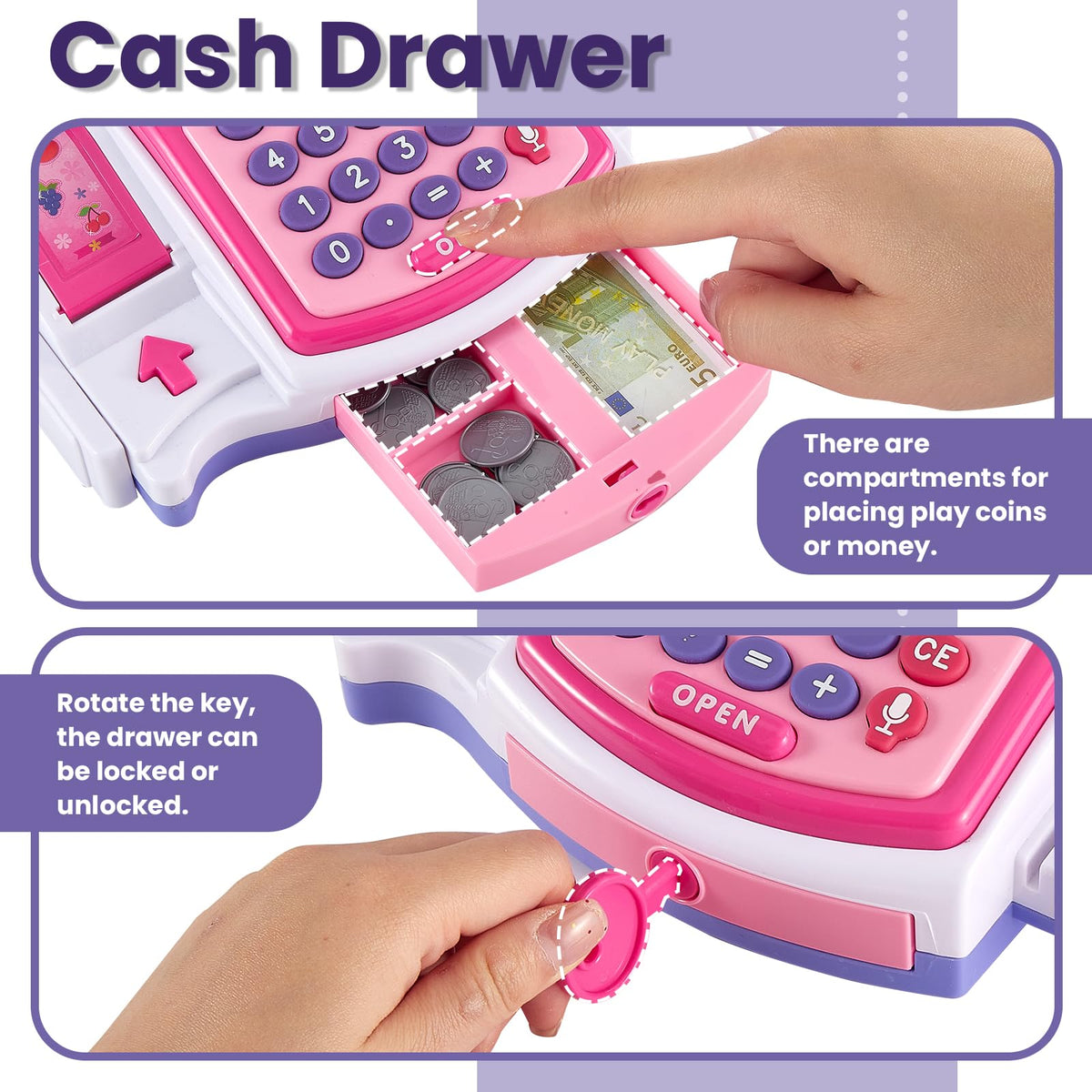 Buyger cash register toy drawer opens and locks with a key