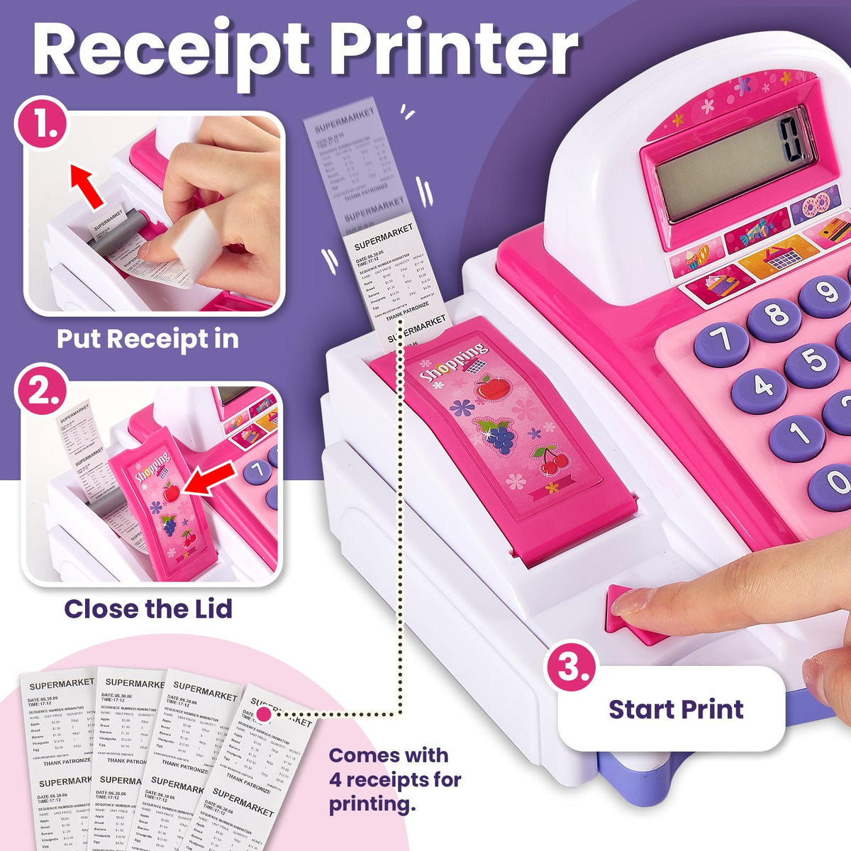 Buyger cash register toy with receipt printer showing pretend receipts during playtime