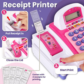Buyger cash register toy with receipt printer showing pretend receipts during playtime