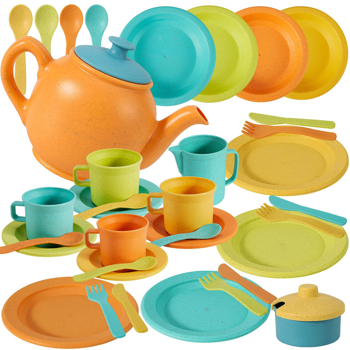 Buyger Kids Kitchen Dishes Set with colorful plates for pretend play