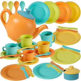 Buyger Kids Kitchen Dishes Set with colorful plates for pretend play