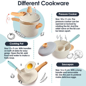 Six utensils and cutting board support varied pretend cooking tasks with Buyger.