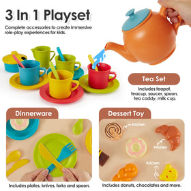 Buyger Play Kitchen Dishes and Utensils set with plates and cutlery for little chefs