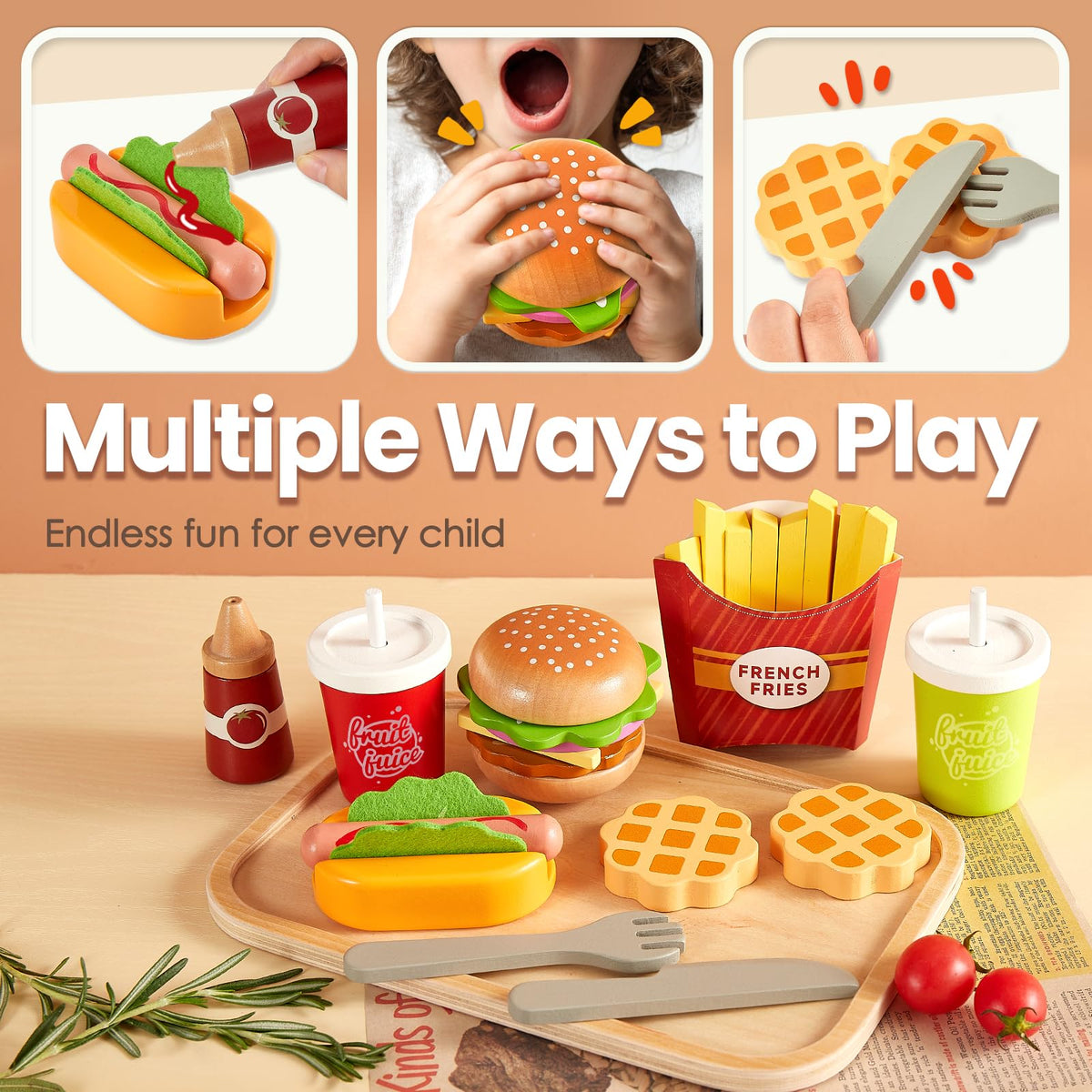 Buyger pretend-play menu and orders image, promotes social interaction and sharing