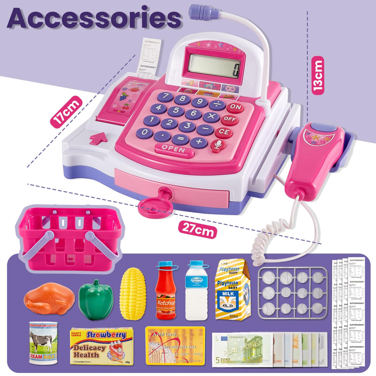 Buyger shopping basket and play money for grocery store games