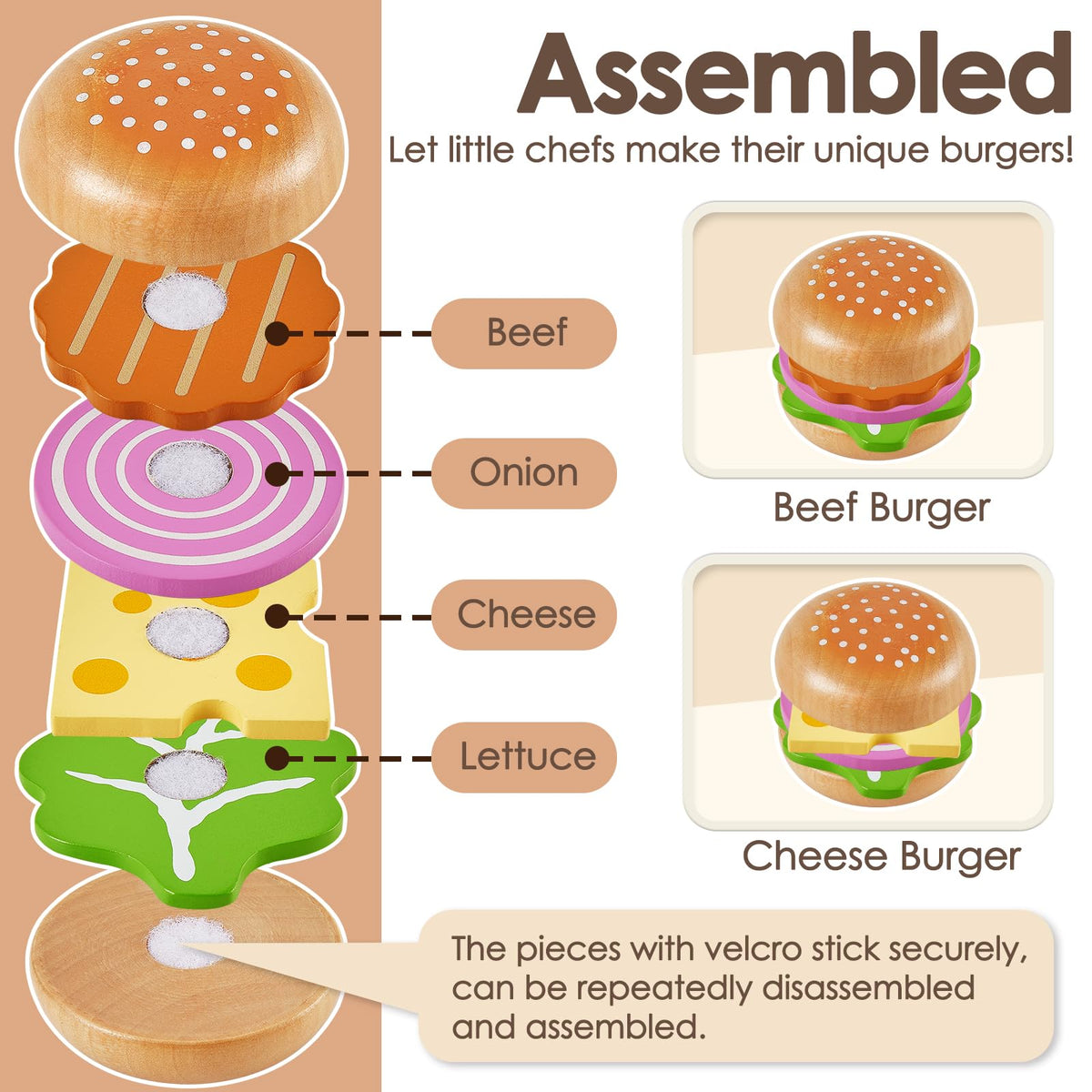 Buyger wooden fast-food hamburger toy, sparks imaginative play and role-playing scenarios