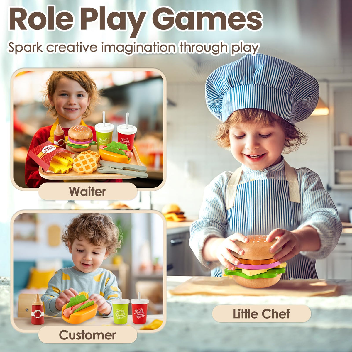 Buyger wooden fries and ketchup toy adds colorful dining details to playtime