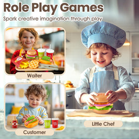 Buyger wooden fries and ketchup toy adds colorful dining details to playtime