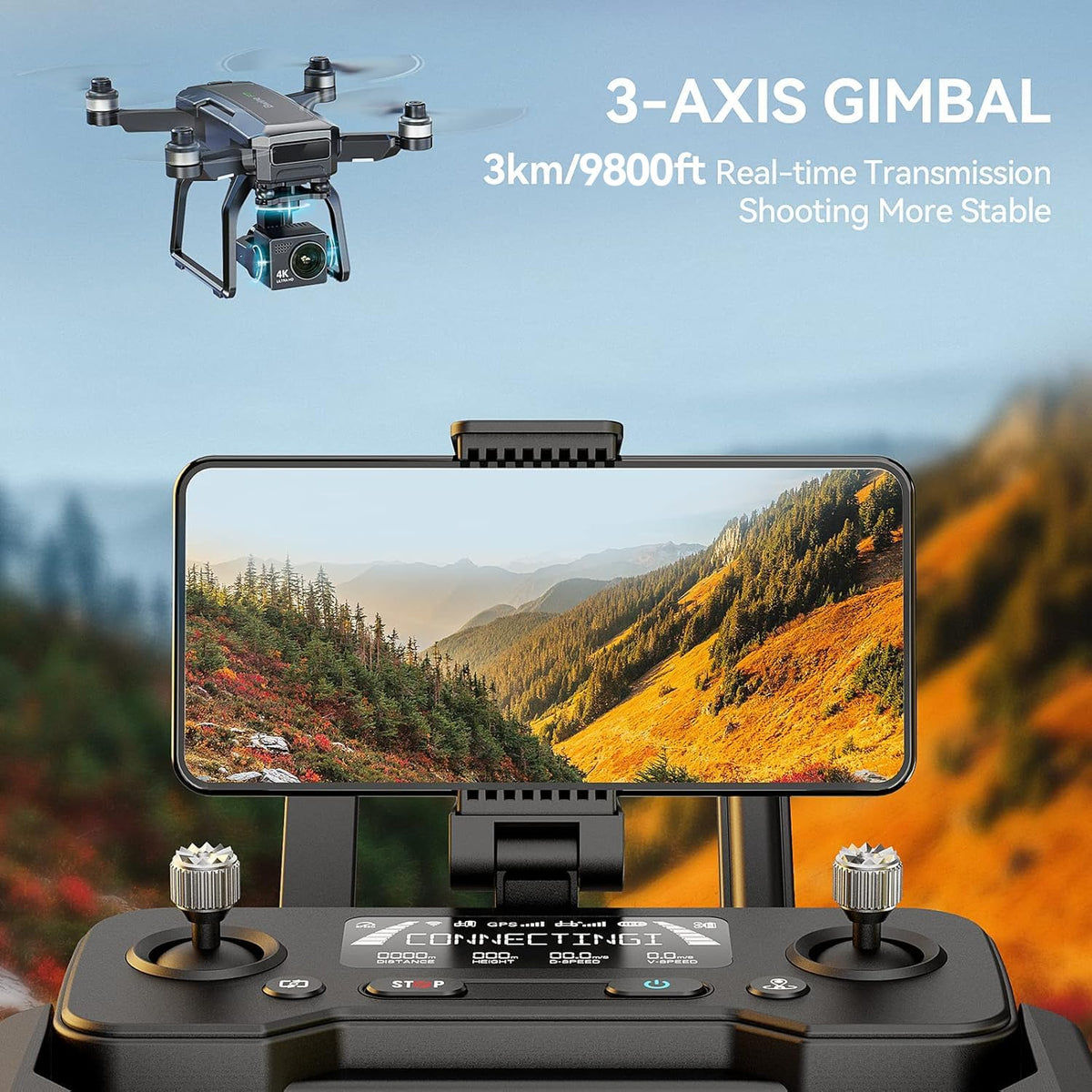 Bwine F7GB2 Pro Drone showing a stabilized 3-axis gimbal setup.