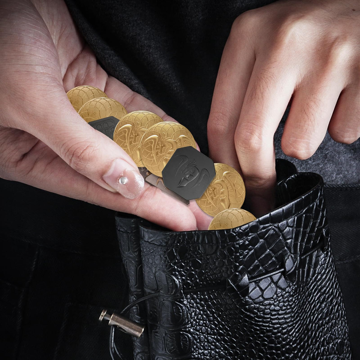 Coins feature four shapes—circle, octagon, triangle, moon—for visual variety.