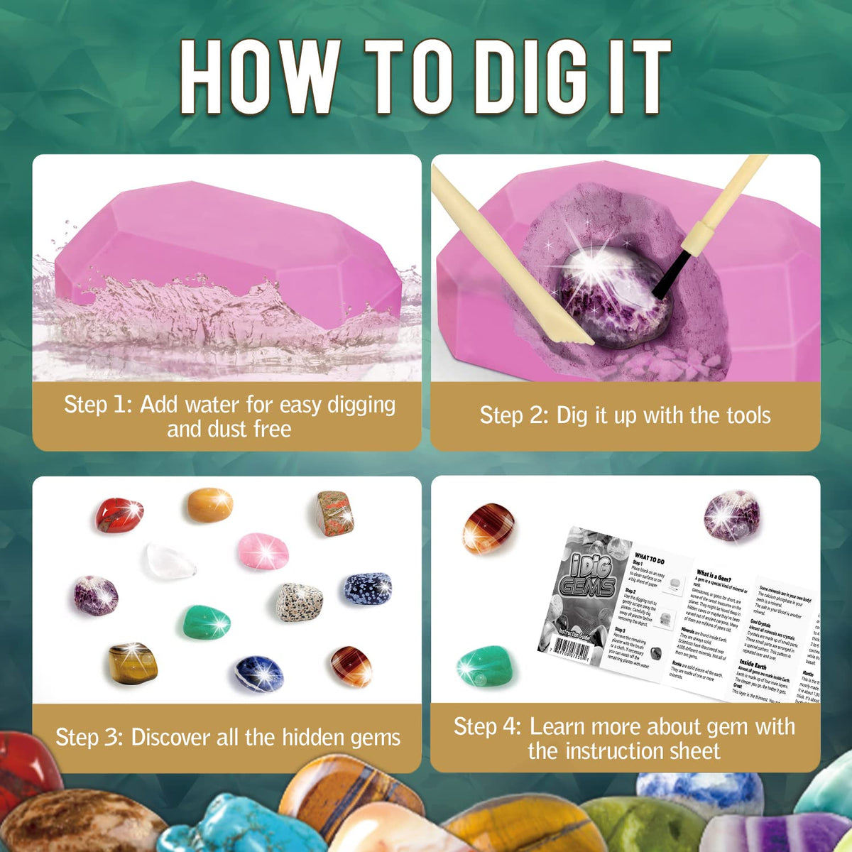 Byncceh Gamerside Gemstone Dig Kit kid-friendly design supports safe exploration.