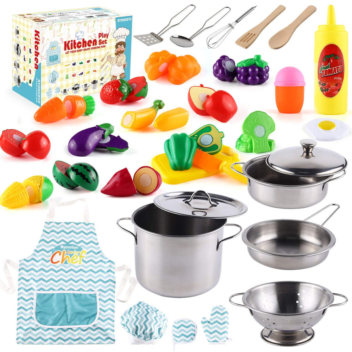 BYONEBYE 35-pcs kitchen playset stainless steel pots and pans for durable pretend cooking.