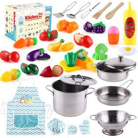 BYONEBYE 35-pcs kitchen playset stainless steel pots and pans for durable pretend cooking.