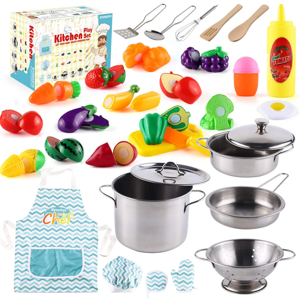 BYONEBYE 35-pcs kitchen playset stainless steel pots and pans for durable pretend cooking.