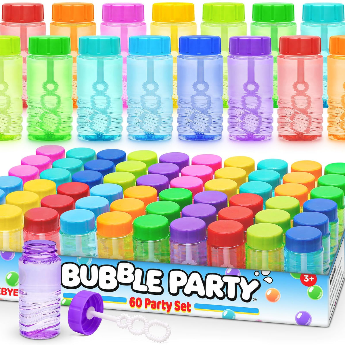 BYONEBYE bulk neon bubble bottles displayed in a box, ready for party planning and gifting