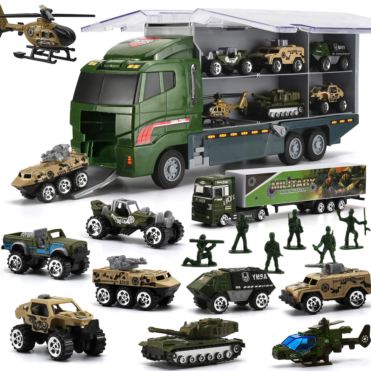 BYONEBYE military truck carrier 26pc set for imaginative play and storytelling.