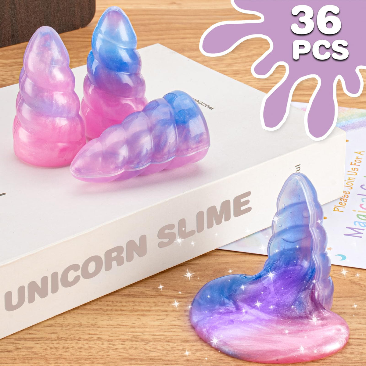BYONEBYE 36 unicorn-shaped slimes provide colorful, hands-on fun for kids.