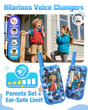 Byserten video walkie talkies in use during outdoor play with clear connection