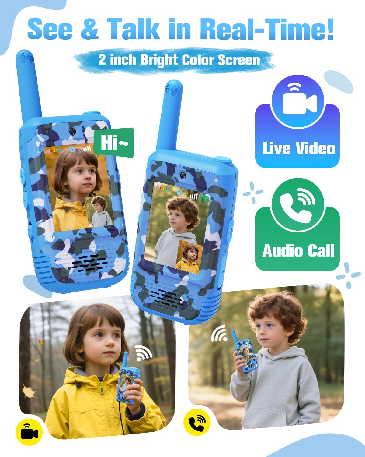 Byserten video walkie talkies top view showing easy grip for small hands
