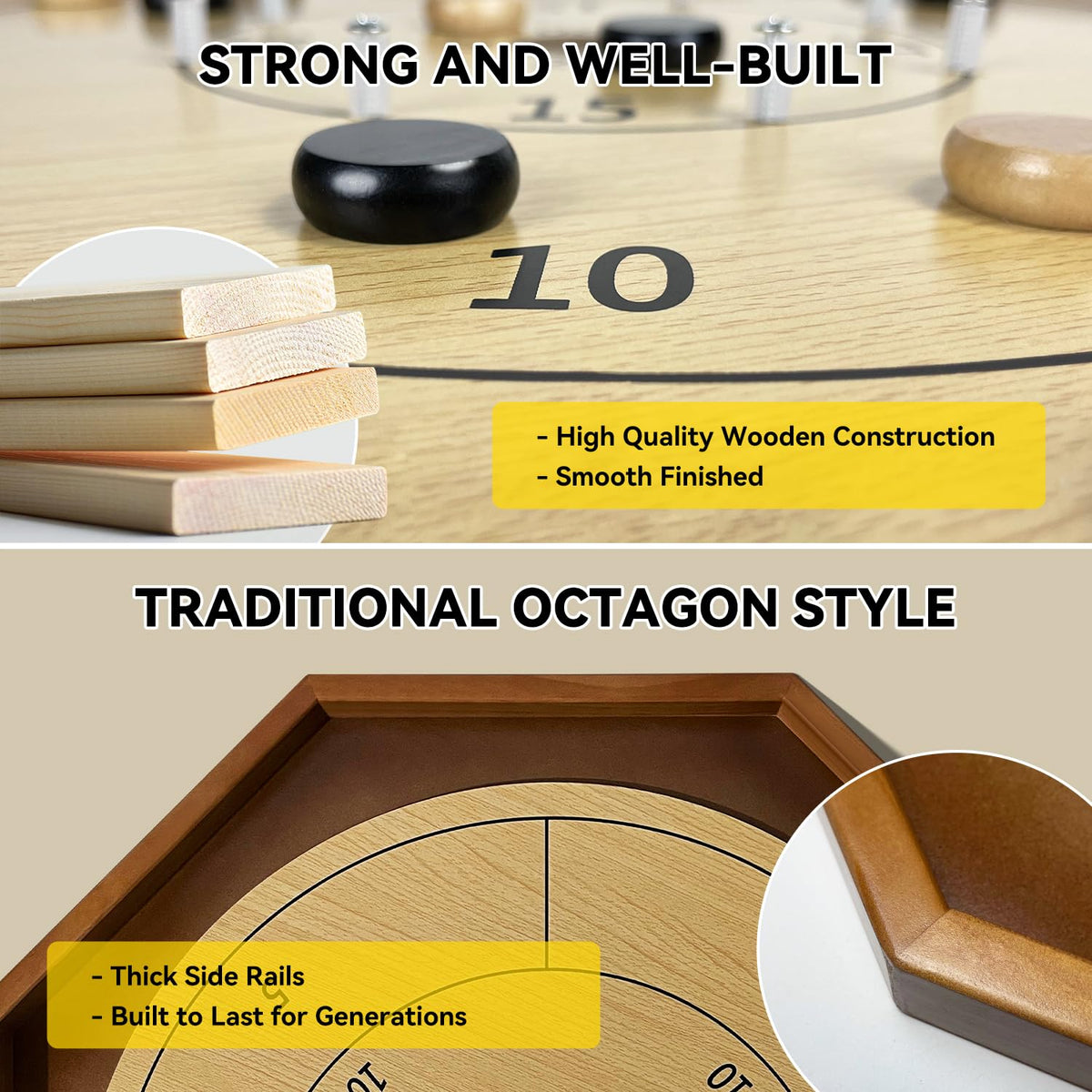 BZnota crokinole playing surface close-up highlights smooth, fast play.