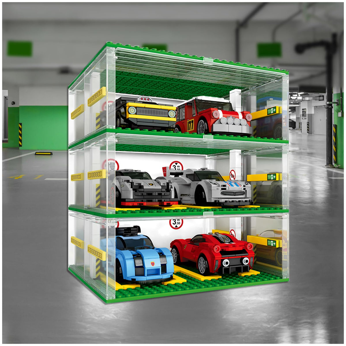 Cabeeskii parking garage side view, compact footprint for desks and shelves.
