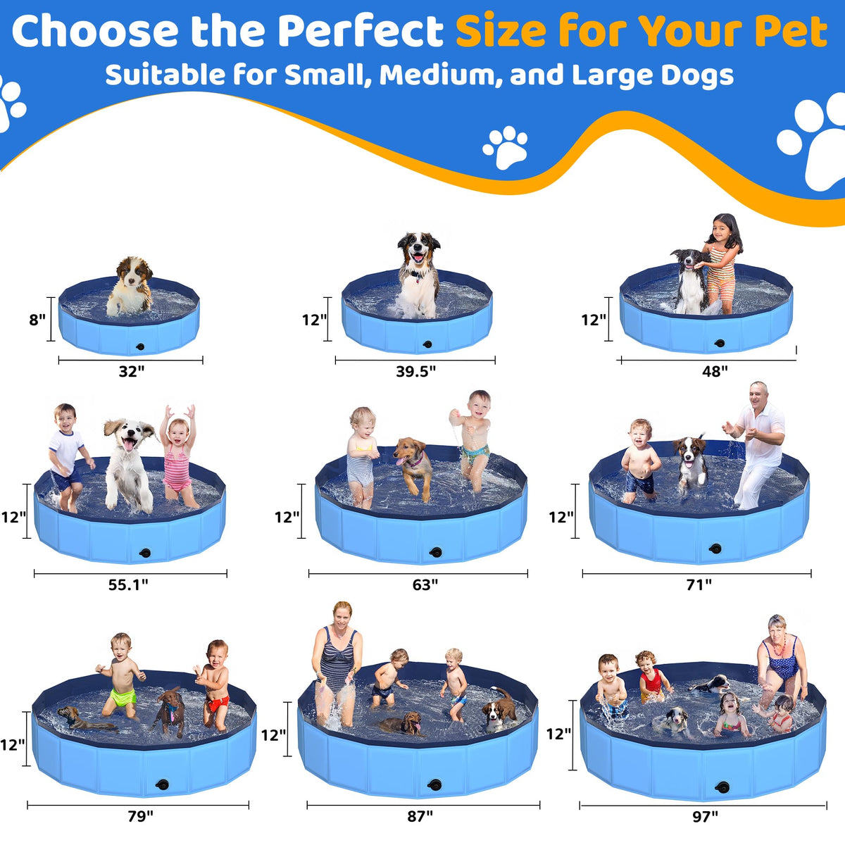 CACSPS foldable dog pool blue side view shows scalable sizes for large dogs.