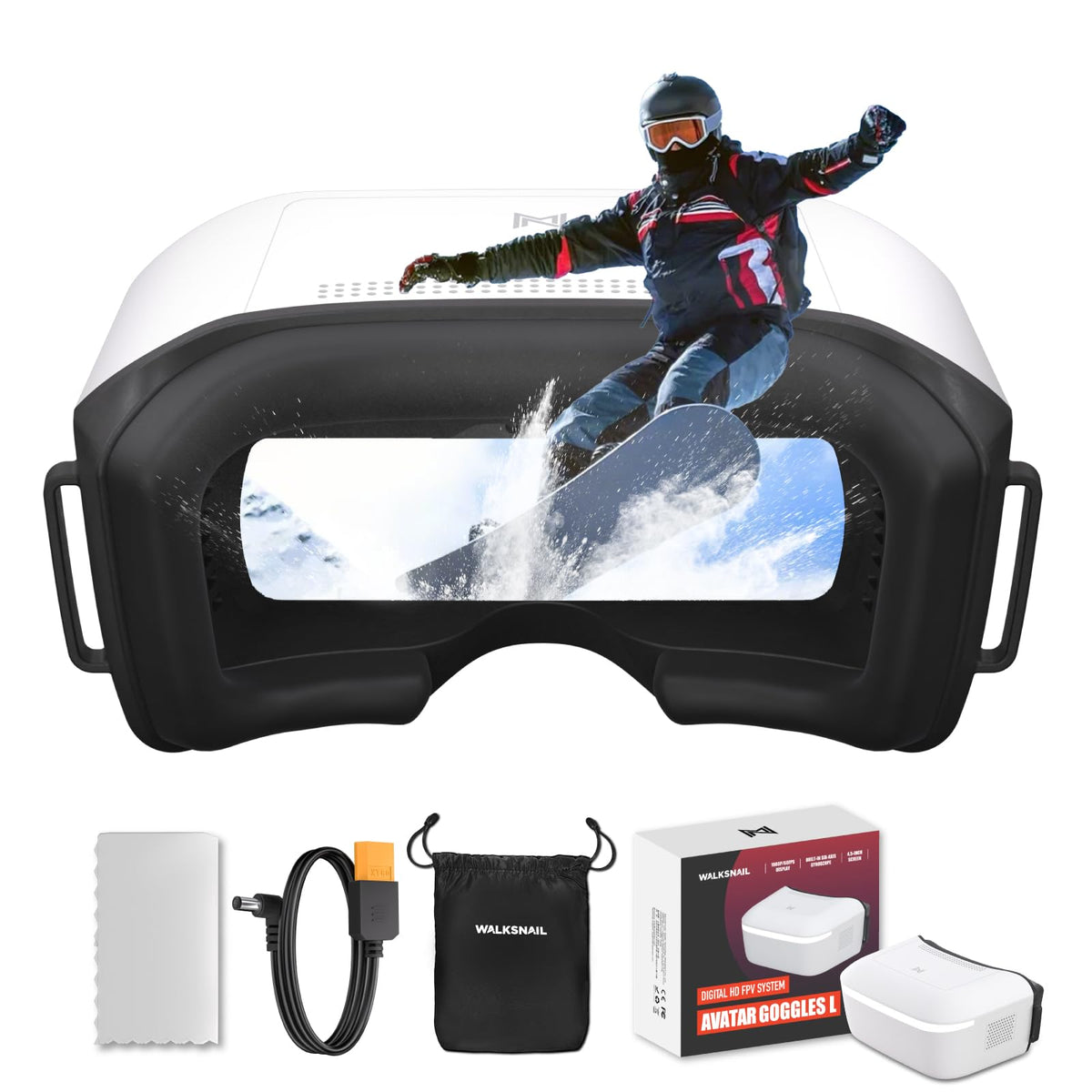 CADDXFPV Walksnail Avatar HD goggles show 1080p 4.5-inch screen for crisp flight visuals.