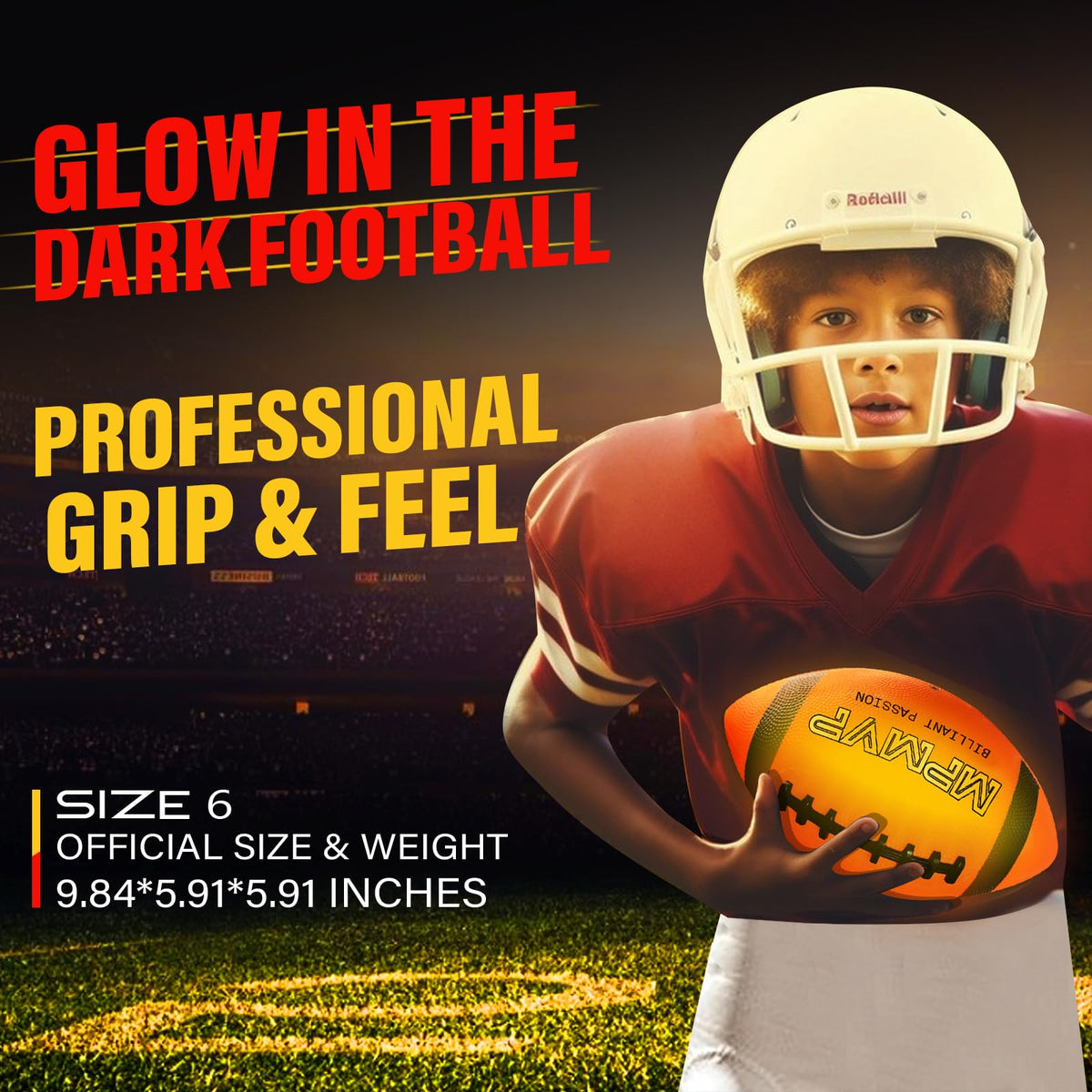 Cadyaw LED football action shot highlights durable outdoor design.