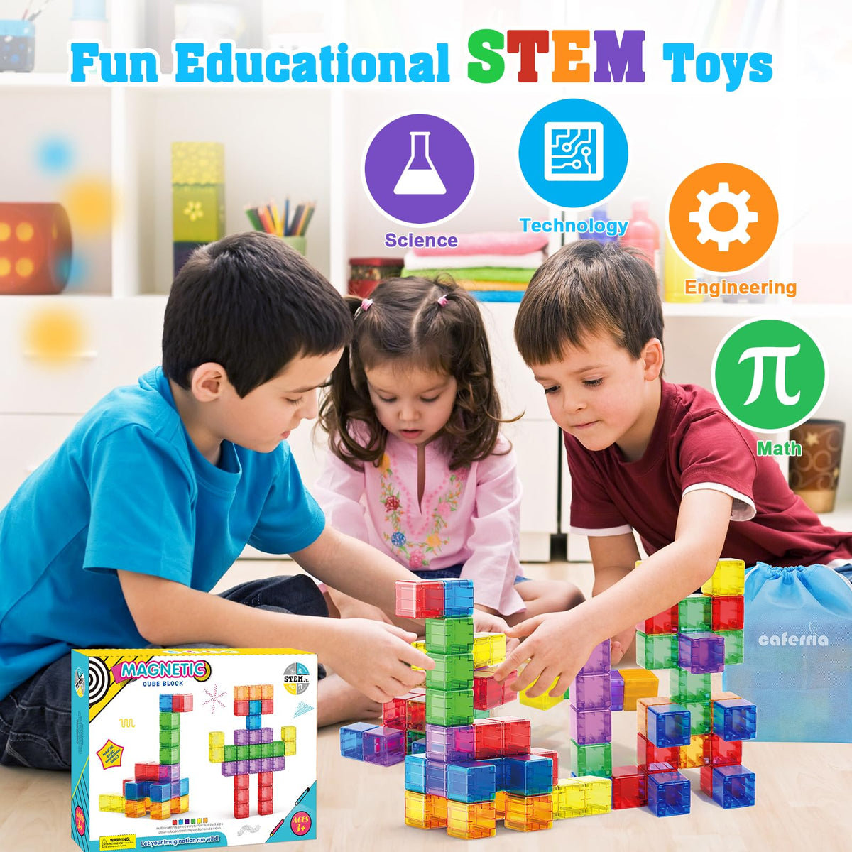 Caferria bright color magnetic cubes promote color recognition and stacking.