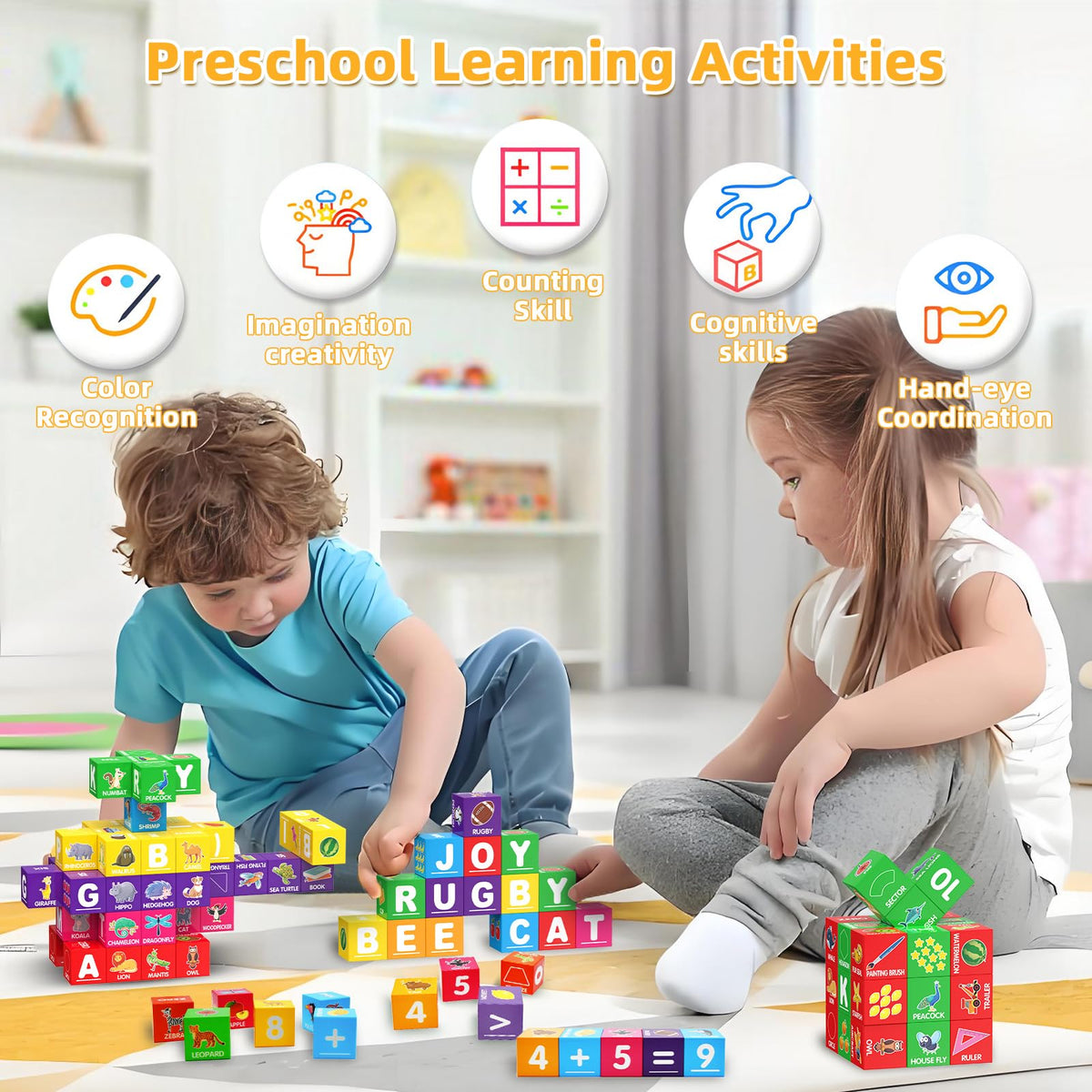 Alphabet and numeral tiles arranged for early literacy practice