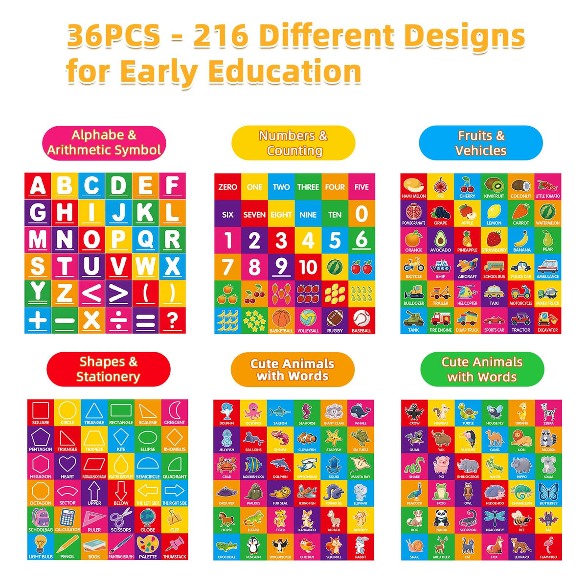 Close-up of seven colors, 3D shapes, and click sounds for sensory exploration