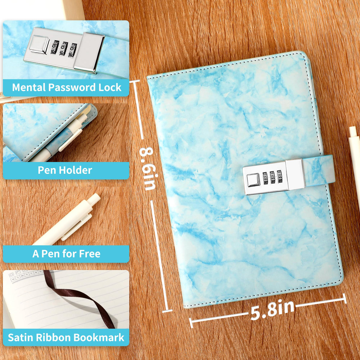 CAGIE Marble Lock Diary blue closed spine shows durable everyday use