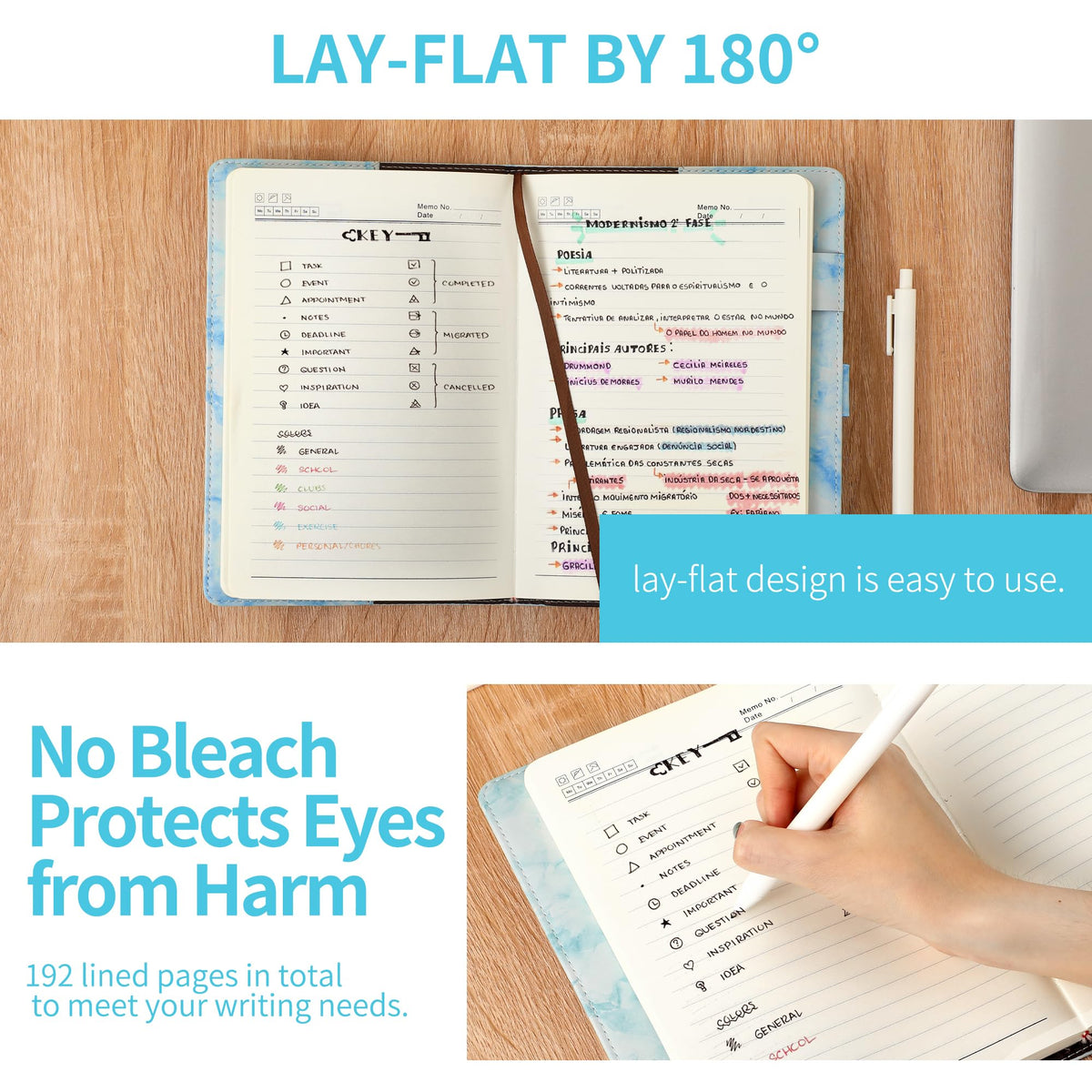 CAGIE Marble Lock Diary blue open pages reveal refillable, eye-friendly paper